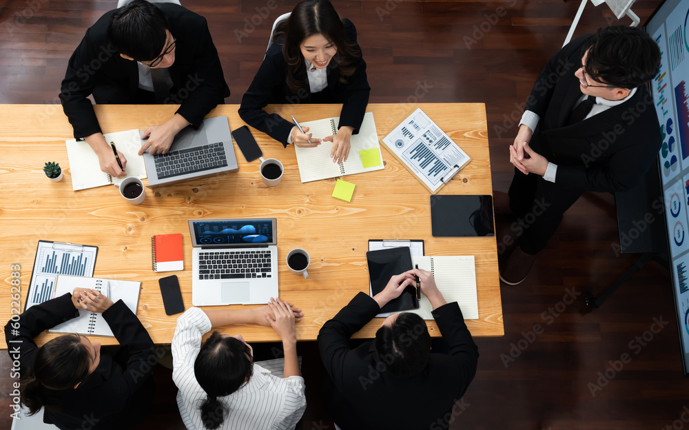 Poster top view manager or office worker give presentation in harmony conference room to business colleague