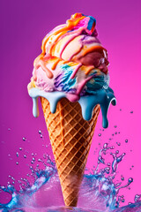 Melting Ice Cream in Wafer Cone On Pink Background. AI generated.