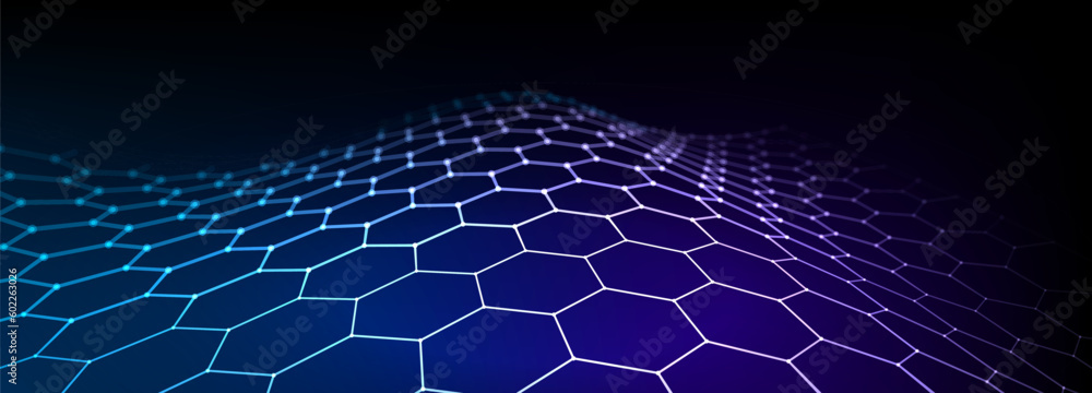 Leinwandbilder Abstract background of points and lines. Hexagon cyber structure. Big data stream. 3d vector illustration
