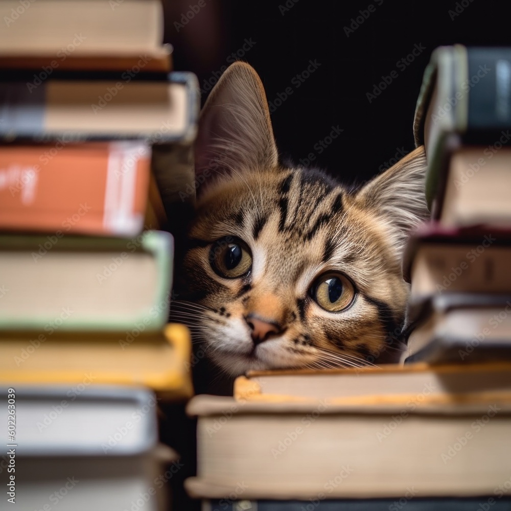 Poster a cat peeking out from behind a pile of books. generative ai image.