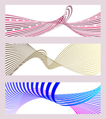 Wavy lines or ribbons. Set of 3 backgrounds. Multicolored striped gradient. Creative unusual background with abstract gradient wave lines to create a trendy banner, poster. vector eps