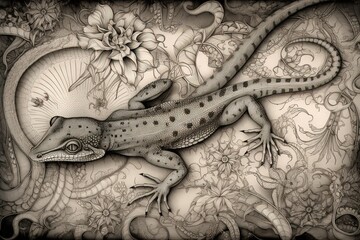 Delicate and Intricate Drawing of a Gecko Showcasing Exquisite Linework and Fine Details, generative AI