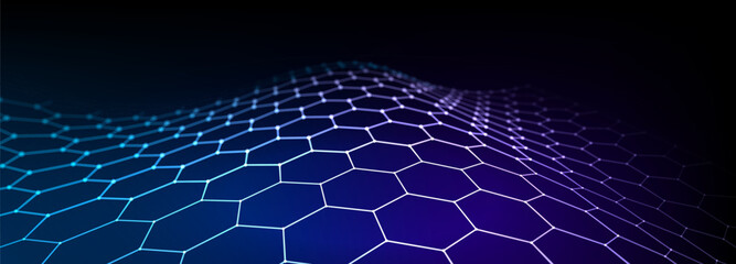 Abstract background of points and lines. Hexagon cyber structure. Big data stream. 3d vector illustration