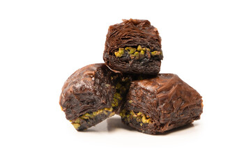 Turkish chocolate baklava isolated on white background.
