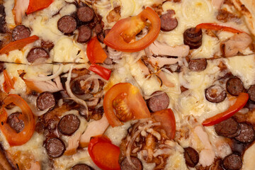 Pizza with salami, sausages, cheese, onions and sauce.