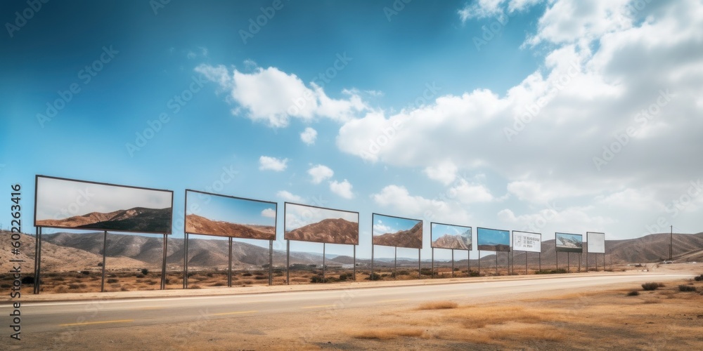 Poster a road with multiple billboards on the side of it. generative ai image.
