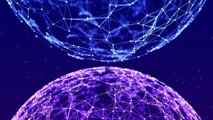 2 spheres of particles and lines. Futuristic digital technology. Network or connection. Abstract background of points and lines. Big data. Science background. 3d rendering