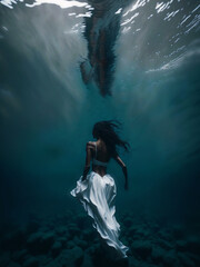 A girl in a white dress swims underwater