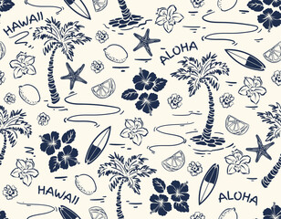 Summer Vibes with Island tropical , Ocean and sail boat Seamless pattern Vector Illustration - obrazy, fototapety, plakaty