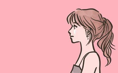 Profile of a woman with a ponytail_color_pink back ground