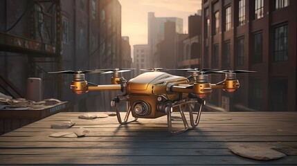 Delivery drone flying with cityscape background. Generative AI