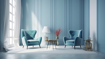 Modern Living Room loft and vintage interior of living room Blue armchairs AI Generated