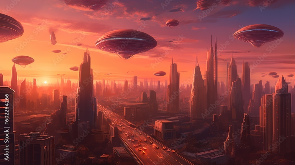 Poster a futuristic city with a lot of flying objects in the sky. generative ai image.