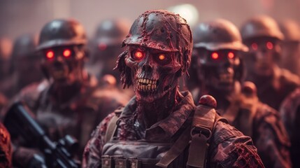 Army of sinister zombies soldiers with angry laughing on explosions fire background, ominous soldiers zombies sculls with red eyes, pure evil and hatred of dead military men, generative AI