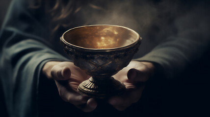 The Holy Grail is the chalice cup that Jesus Christ drank from at the Last Supper which has mystical powers according to the Arthurian legend , computer Generative AI stock illustration image  - obrazy, fototapety, plakaty