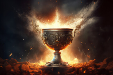 The Holy Grail is the chalice cup that Jesus Christ drank from at the Last Supper which has mystical powers according to the Arthurian legend , computer Generative AI stock illustration image 