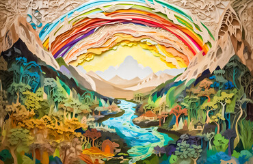 Fototapeta na wymiar Behold the artistry and craftsmanship of this breathtaking Rainbow Colorful paper cut landscape, capturing the essence of nature with its stunning design and attention to detail. generative AI.