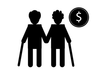 Icono negro de pensiones o pareja de pensionistas con el símbolo de dólar - obrazy, fototapety, plakaty