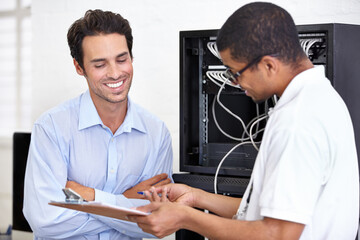Server room, happy man or technician speaking of hardware maintenance or glitch in business office....