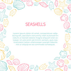 Banner with sea life elements seashells. Sea shell hand drawn collection with coral, sea star and shells in different forms. Vector stock illustration.