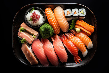 Sushi roll set with salmon, eel, tuna, avocado, king prawns, cream cheese. Japanese cuisine. Generative AI illustration