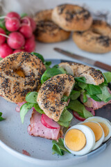 Everything bagels with cream cheese, turkey and cucumber