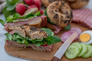 Everything bagels with cream cheese, turkey and cucumber