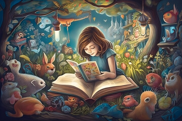 Happy young girl reading a book and imagining a fairy-tale world. Digital painting. Generative AI