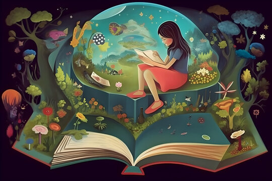 Happy young girl reading a book and imagining a fairy-tale world. Digital painting. Generative AI
