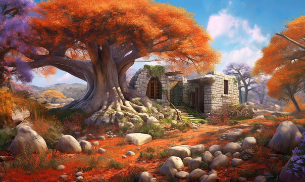 Eichen savanne mit einem alten Haus. generative KI