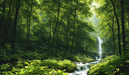 Forest landscape. Mysterious green forest. Impressive nature background. Generative AI.