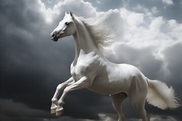 Naklejka na ściany i meble A beautiful white horse over a cloudy sky. Generative AI