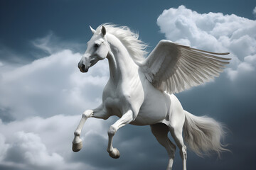 Naklejka na ściany i meble A white winged horse, flying in the clouds. Generative AI
