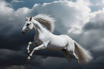 Naklejka na ściany i meble A beautiful white horse over a cloudy sky. Generative AI
