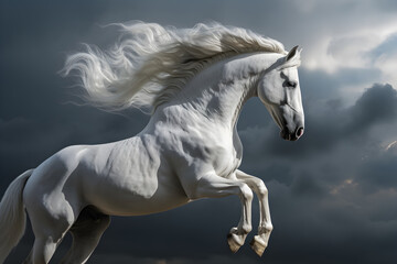 Obraz na płótnie Canvas A beautiful white horse over a cloudy sky. Generative AI