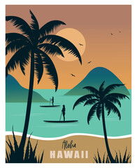 Hawaii Tropical beach travel background with people on sup board