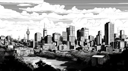 black and white sketch cityscape