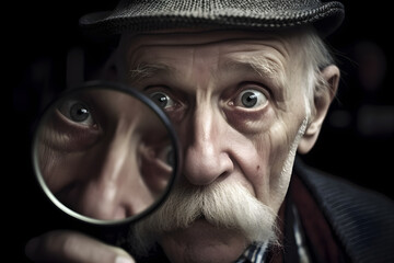 Funny old man looking though a magnifying glass. Generative AI