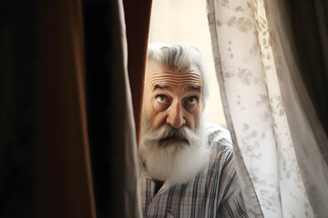 Naklejka premium Funny old man looking suspiciously from behind a curtain. Generative AI