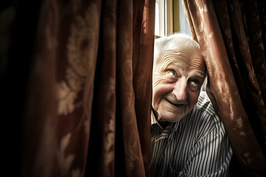 Funny old man looking suspiciously from behind a curtain. Generative AI