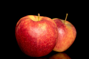 Two ripe red apples, macro, isolated on black background.