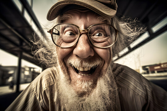 Funny old man who is extremely happy, laughing. Generative AI