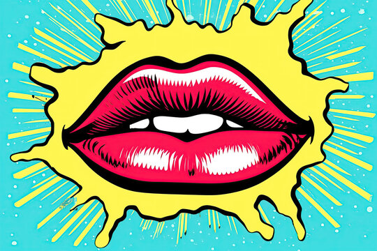 Sensual mouth with teeth, flashing lights retro background . pin up poster, template design. Generative AI illustration .