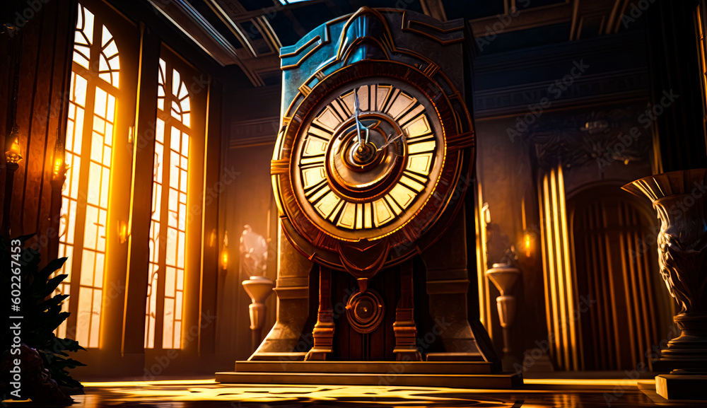 Aufkleber large clock sitting inside of room next to window on tiled floor. generative ai.