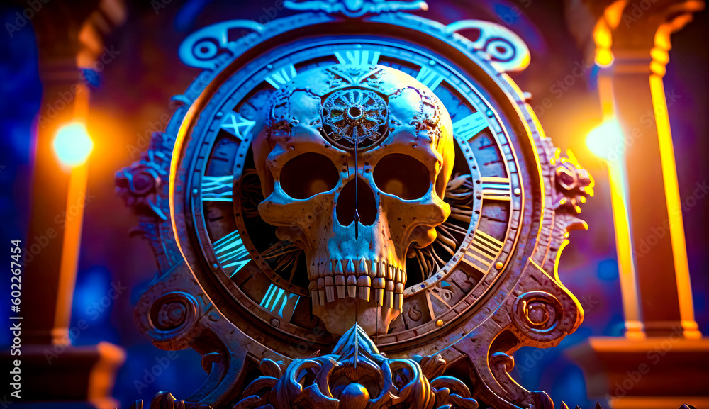 Poster clock with skull on top of it in front of blue background. generative ai.