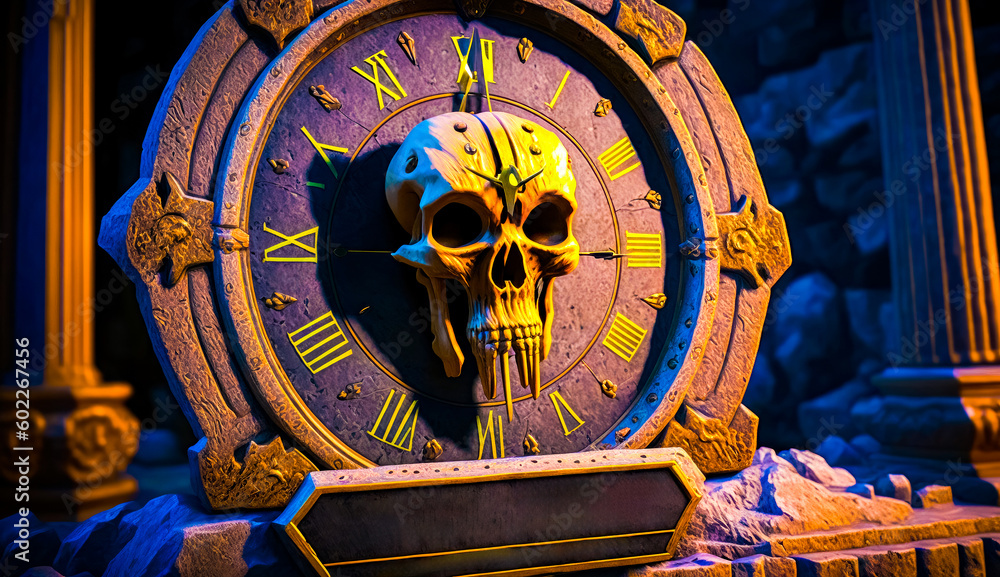 Aufkleber clock with skull on it and roman numerals on the face. generative ai.