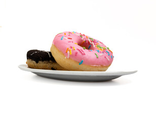 Edited photo. Messy strawberry and chocolate doughnuts on a plate isolated on white background.