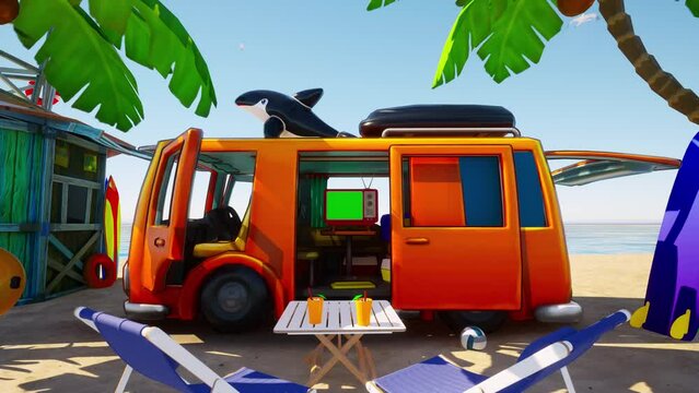 Cartoon camper on the ocean beach surrounded by palm trees. Old TV with chromakey inside the car.
The concept of holiday and travel by car.