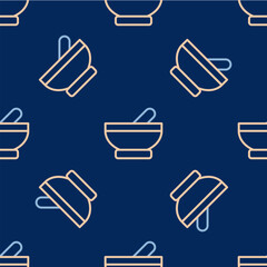 Line Witch cauldron icon isolated seamless pattern on blue background. Happy Halloween party. Vector