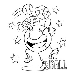 Illustration in black and white of a smiling baseball catching a baseball, retro drawing, coloring page